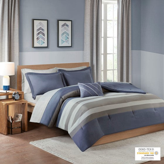 Striped Comforter Set with Bed Sheets Blue/Grey Queen