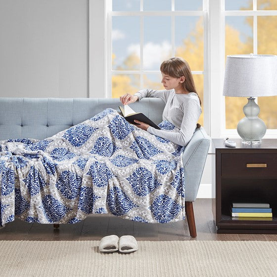 Olliix.com Heated Blankets - Heated Print Plush Throw Indigo