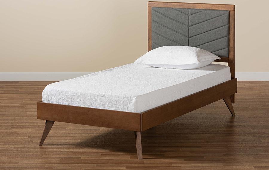 Wholesale Interiors Beds - Roze Dark Grey Fabric Upholstered and Walnut brown Finished Wood Twin Size Platform Bed