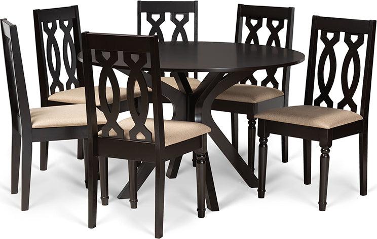 Wholesale Interiors Dining Sets - Callie Sand Fabric Upholstered and Dark Brown Finished Wood 7-Piece Dining Set