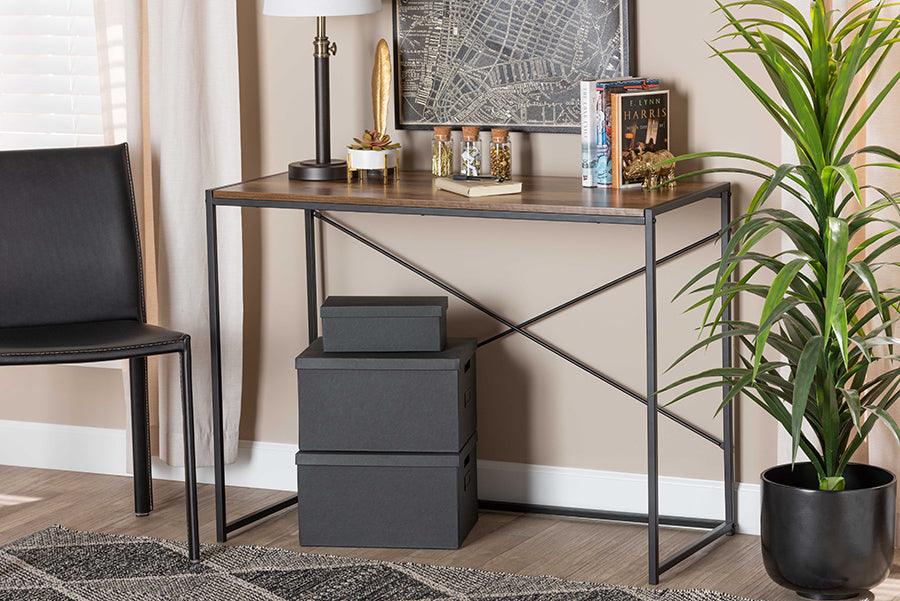 Wholesale Interiors Desks - Pauric Modern Industrial Walnut Brown Finished Wood and Black Metal Desk