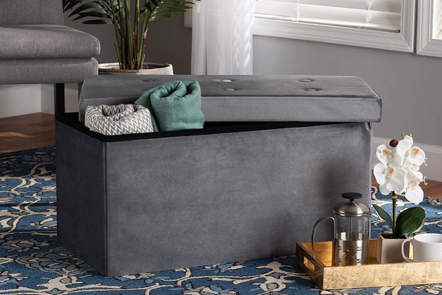 Wholesale Interiors Ottomans & Stools - Castel Modern and Contemporary Charcoal Velvet Wood Storage Ottoman