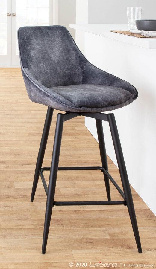 Lumisource Barstools - Diana Contemporary Counter Stool in Black Steel and Grey Velvet - Set of 2