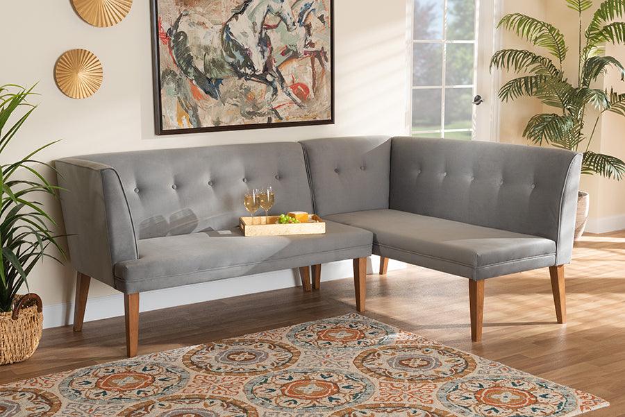 Wholesale Interiors Dining Sets - Stewart Grey Velvet Upholstered and Walnut Brown Finished Wood 2-Piece Dining Nook Banquette Set