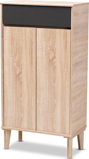 Wholesale Interiors Shoe Storage - Fella Mid-Century Modern Two-Tone Oak Brown And Dark Gray Entryway Shoe Cabinet With Drawer
