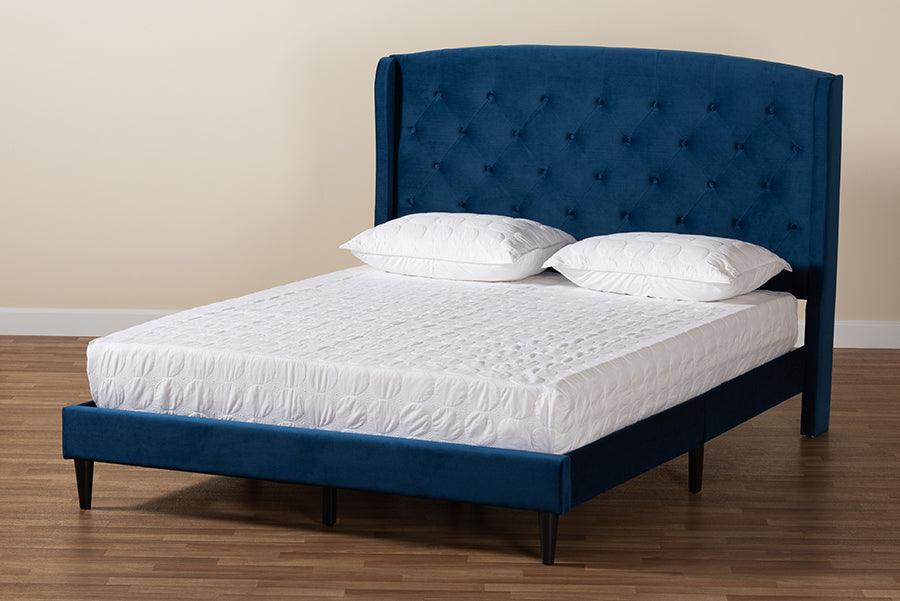 Wholesale Interiors Beds - Joanna Navy Blue Velvet Fabric Upholstered and Dark Brown Finished Wood King Size Platform Bed