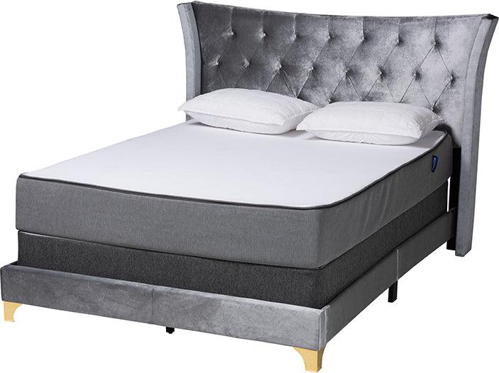 Wholesale Interiors Beds - Easton Contemporary Glam and Luxe Grey Velvet and Gold Metal Queen Size Panel Bed