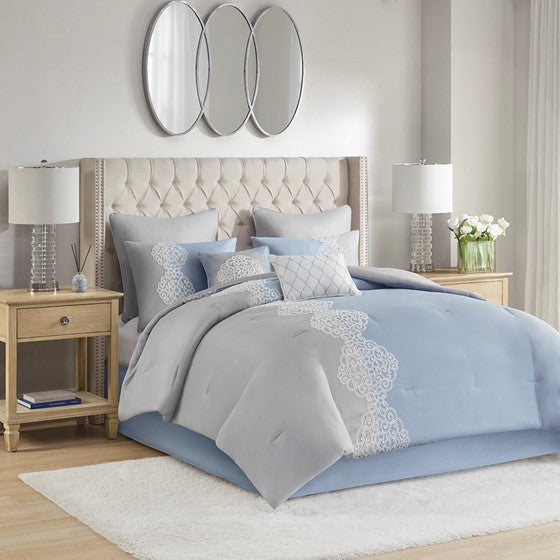 Olliix.com Comforters & Blankets - 8 Piece Embroidered Microfiber Comforter Set Blue Queen