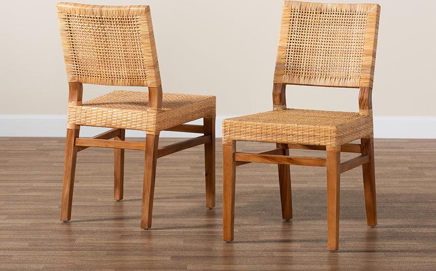 Wholesale Interiors Dining Chairs - Lesia Modern Bohemian Natural Brown Rattan and Walnut Brown Mahogany Wood 2-Piece Dining Chair Set