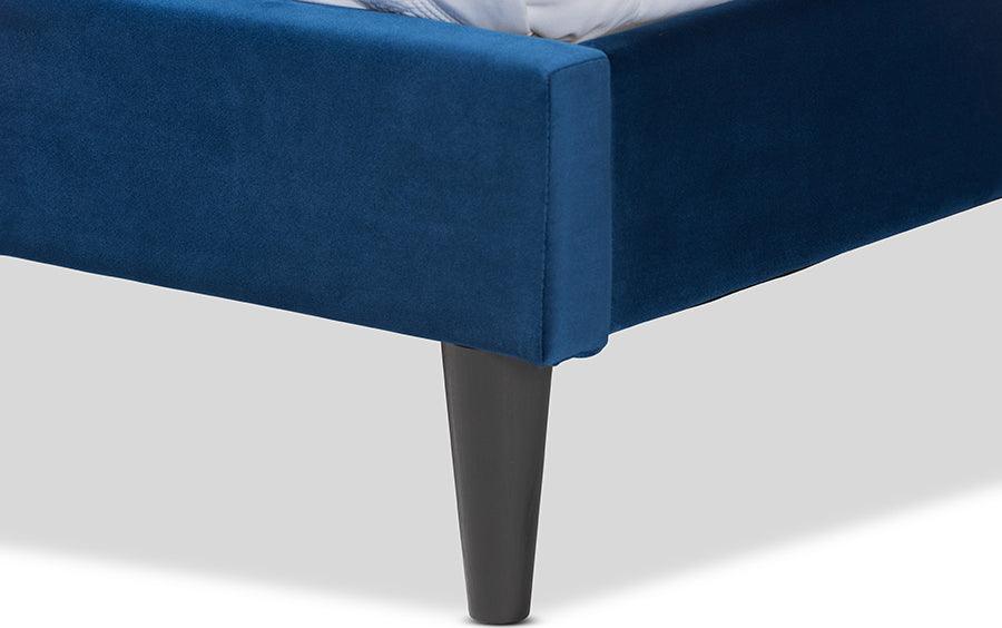 Wholesale Interiors Beds - Joanna Navy Blue Velvet Fabric Upholstered and Dark Brown Finished Wood King Size Platform Bed