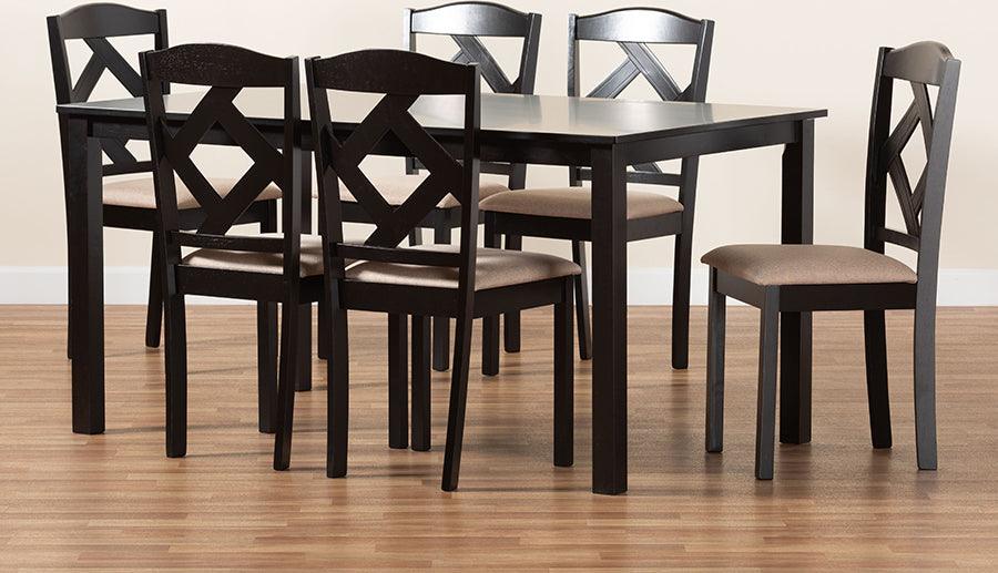 Wholesale Interiors Dining Sets - Ruth Sand Fabric Upholstered and Dark Brown Finished Wood 7-Piece Dining Set