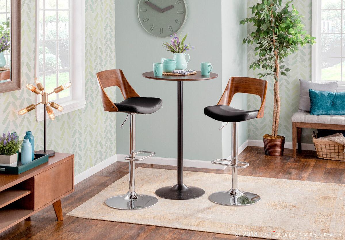 Lumisource Barstools - Valencia Mid-Century Modern Adjustable Barstool with Swivel in Walnut and Black Faux Leather