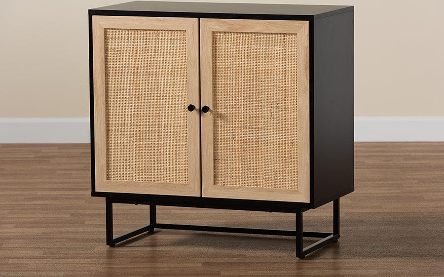Wholesale Interiors Buffets & Cabinets - Declan Mid-Century Modern Espresso Brown Finished Wood and Natural Rattan 2-Door Storage Cabinet
