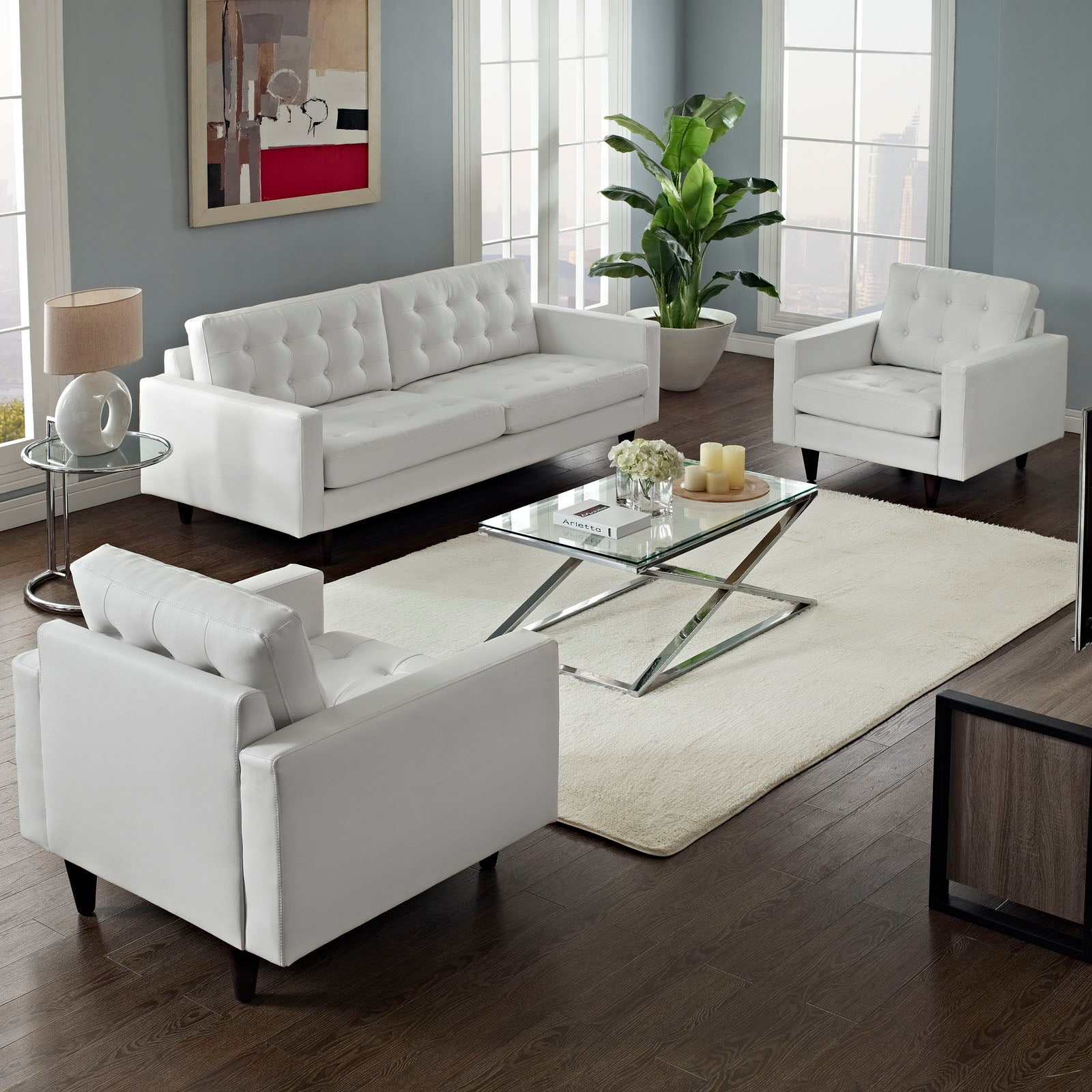 Modway Living Room Sets - Empress Sofa and Armchairs Set of 3 White