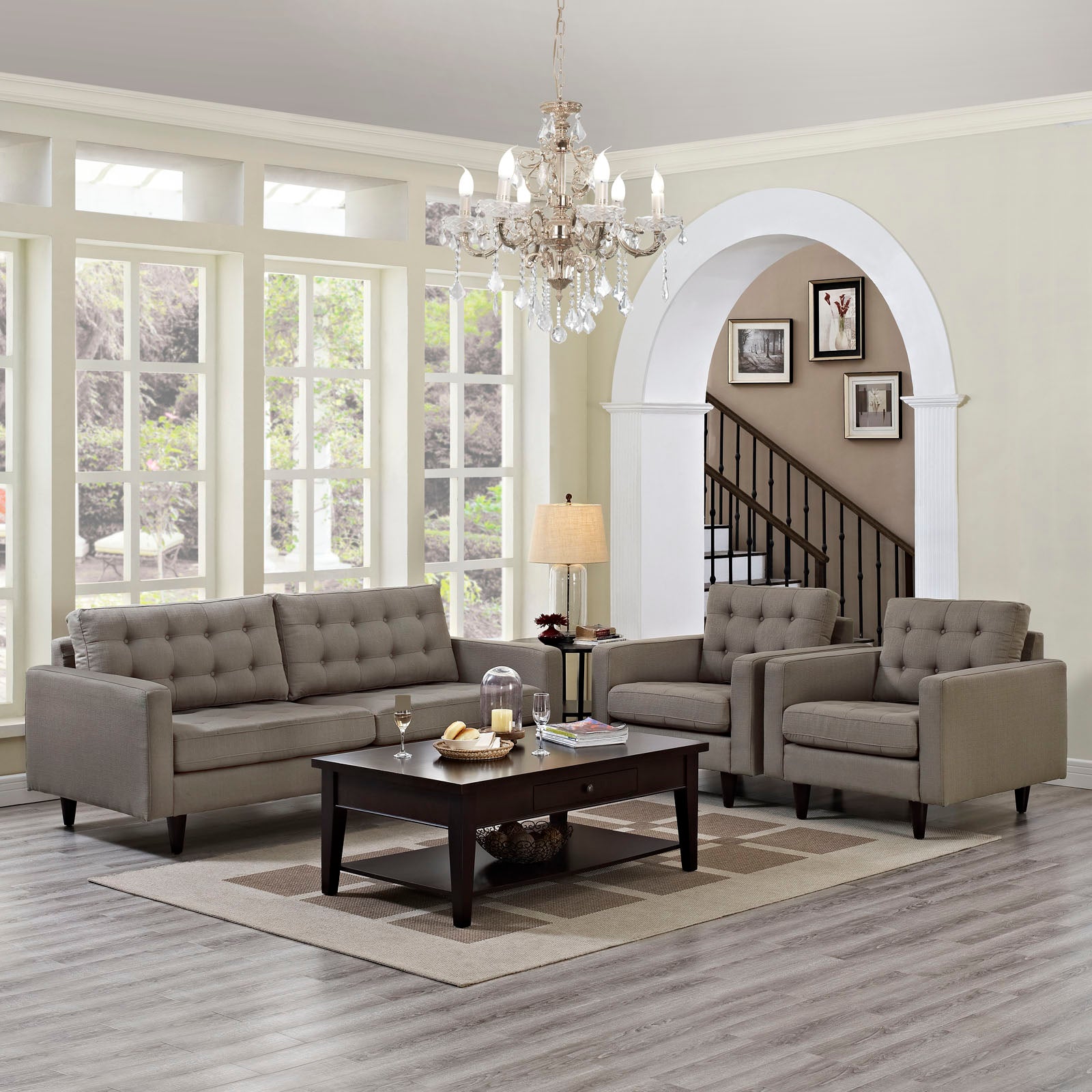 Modway Living Room Sets - Empress Sofa And Armchairs Set Of 3 Granite