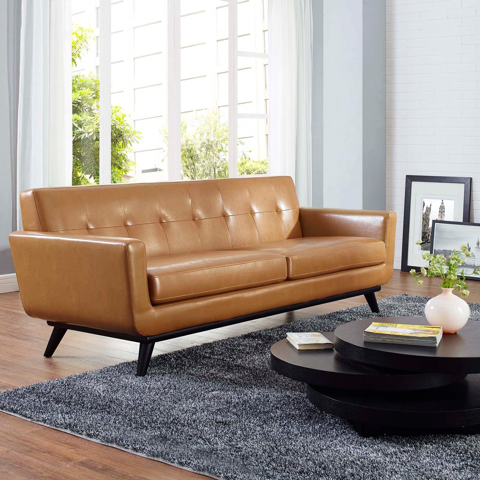 Modway Sofas & Couches - Engage Bonded Leather Sofa Tan & Black