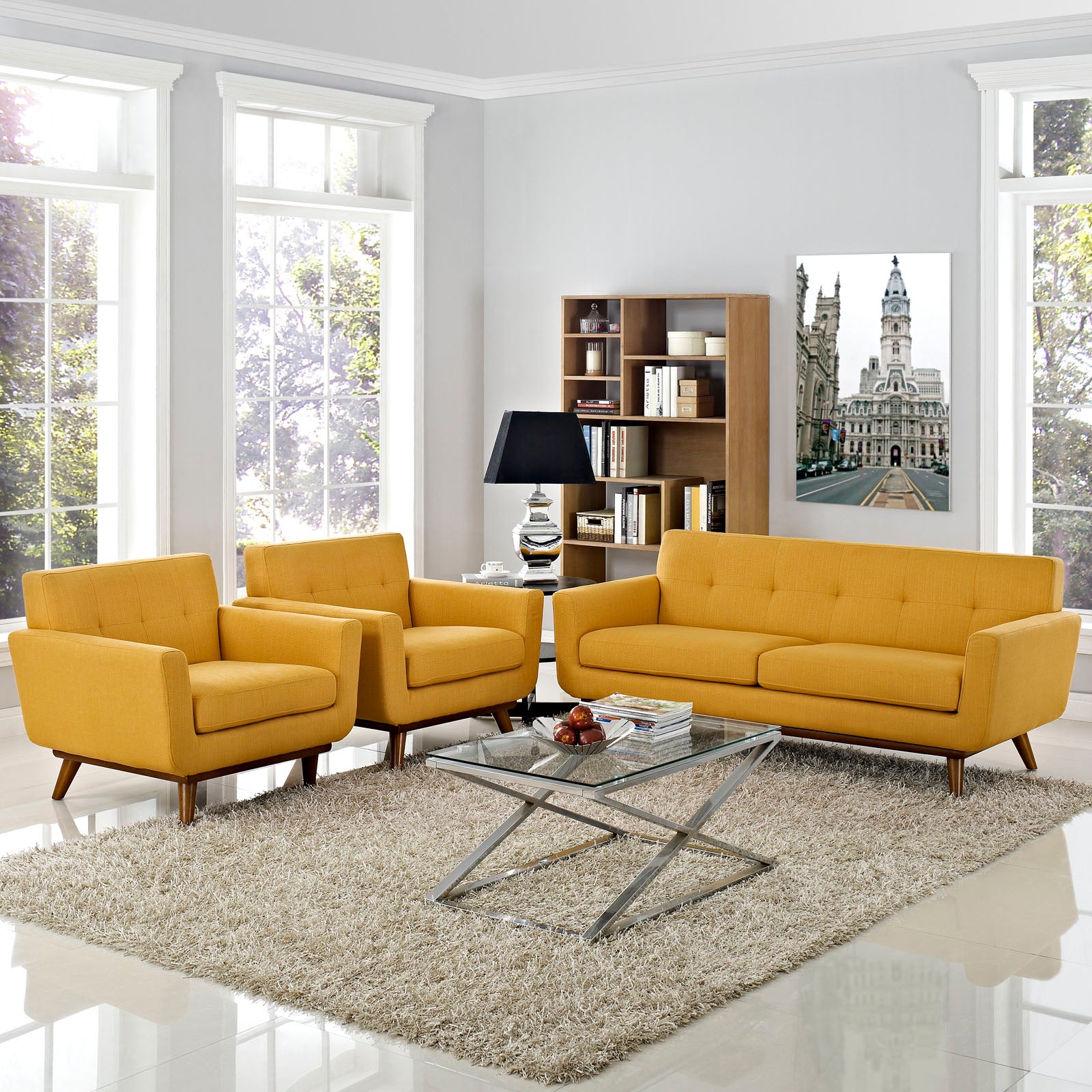Modway Accent Chairs - Engage Armchairs and Loveseat Set of 3 Citrus