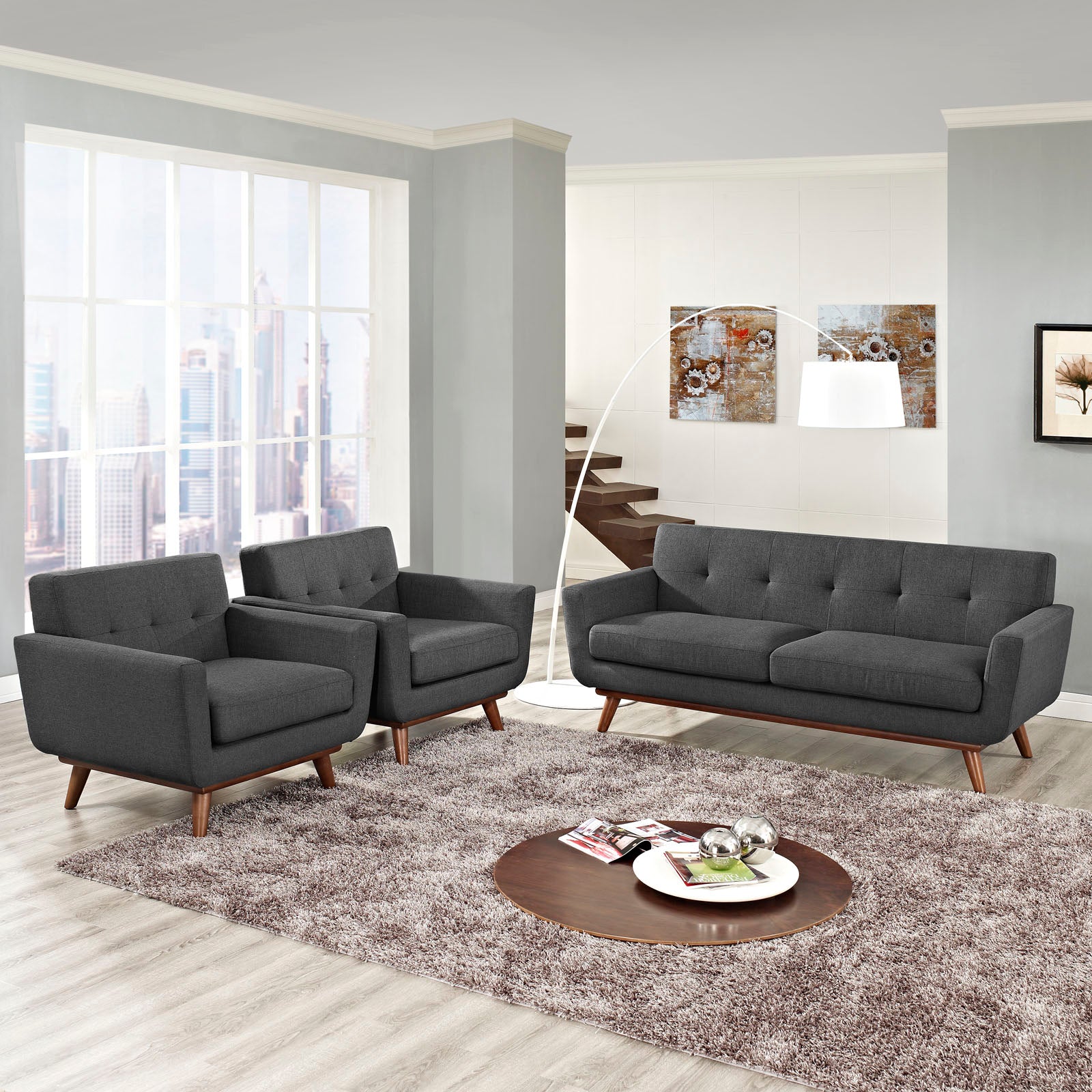 Modway Accent Chairs - Engage Armchairs and Loveseat ( Set of 3 ) Gray