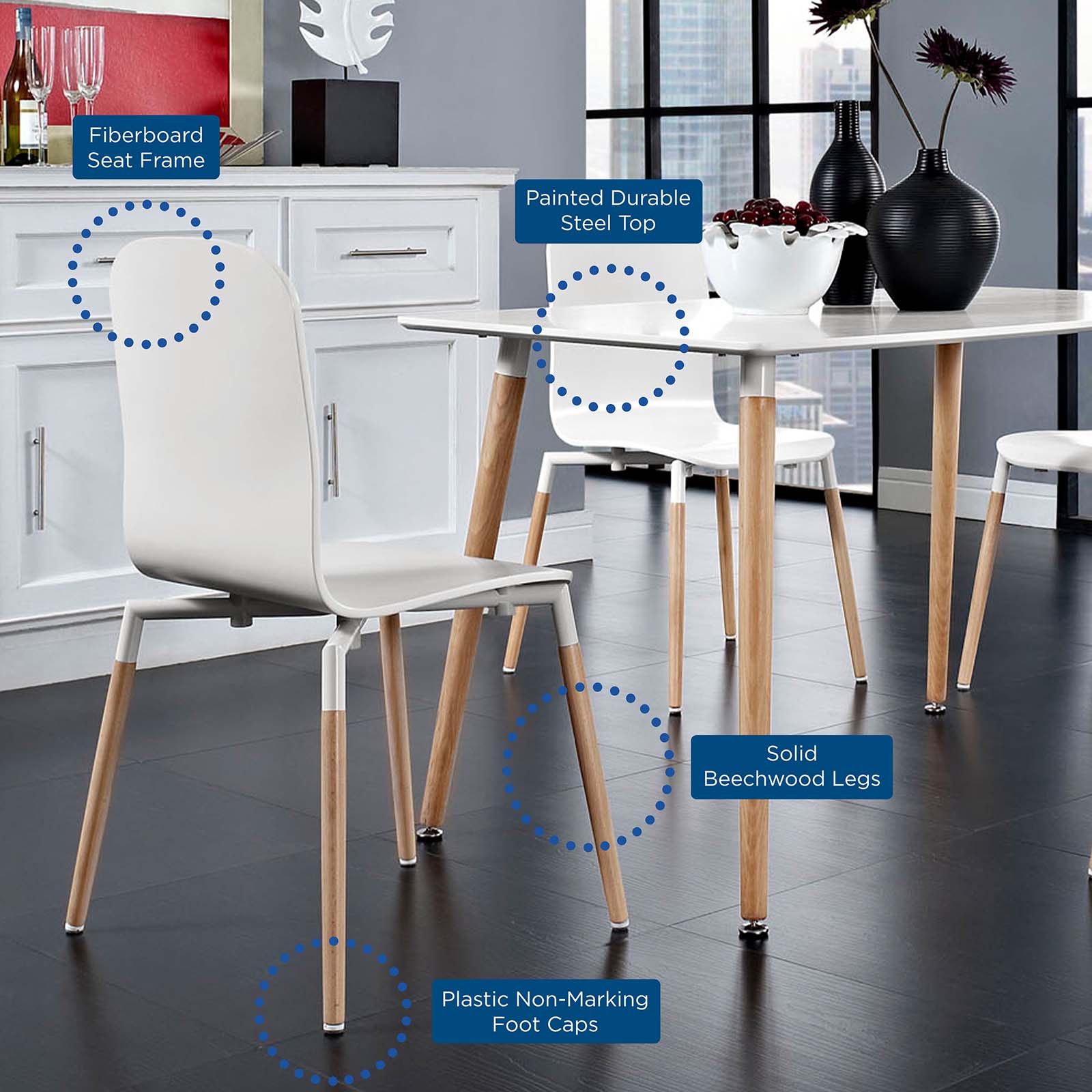 Modway Dining Sets - Stack Dining Chairs and Table Wood Set of 5 White