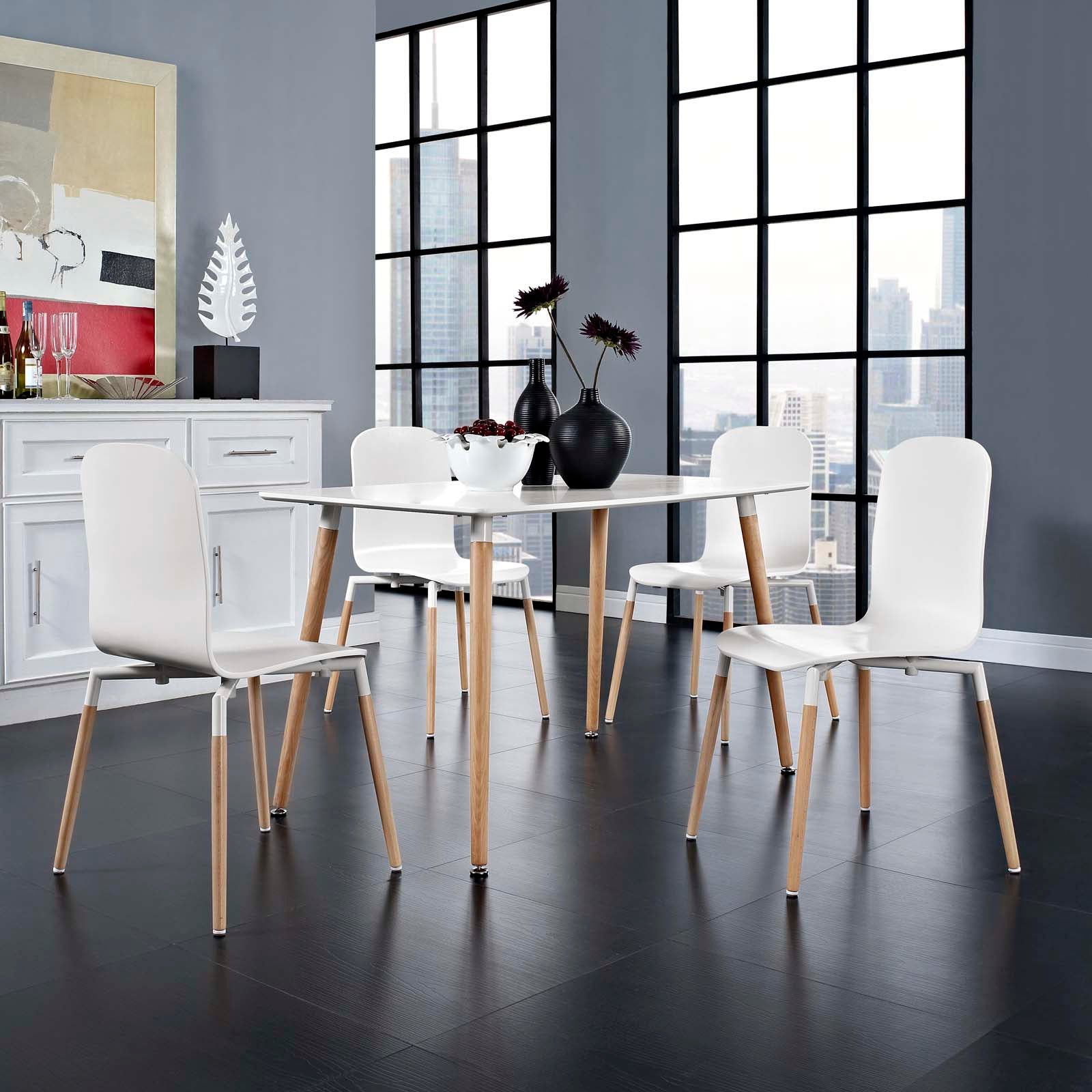 Modway Dining Sets - Stack Dining Chairs and Table Wood Set of 5 White