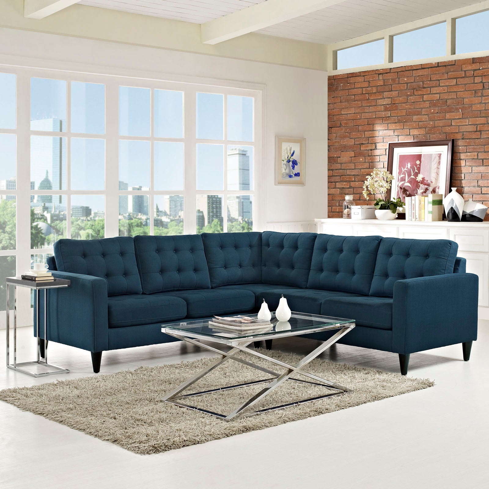 Modway Sectional Sofas - Empress 3 Piece Upholstered Fabric Sectional Sofa Set Azure