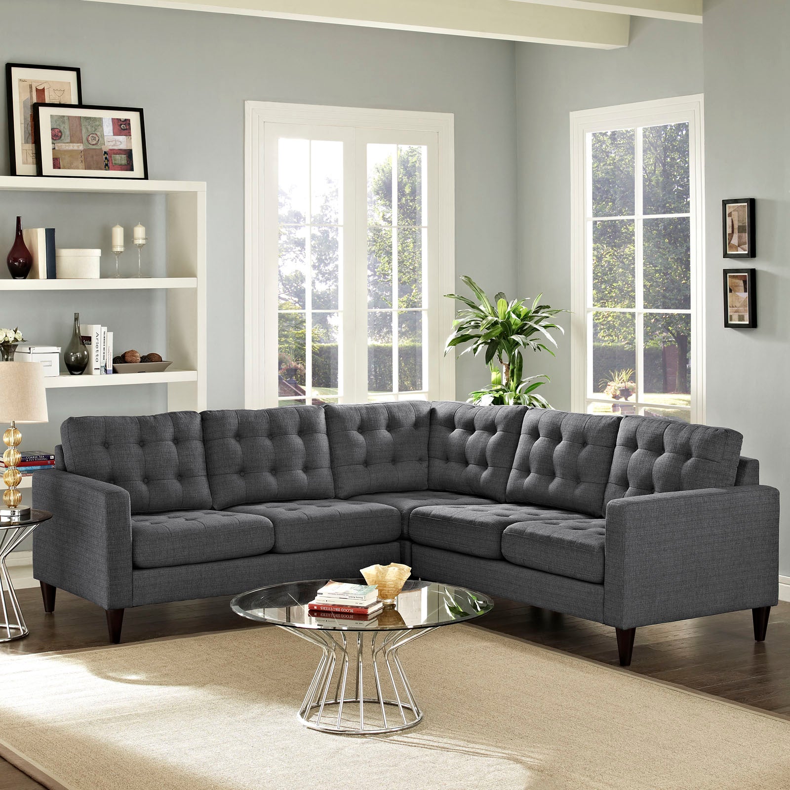 Modway Sectional Sofas - Empress 3 Piece Upholstered Fabric Sectional Sofa Set Gray