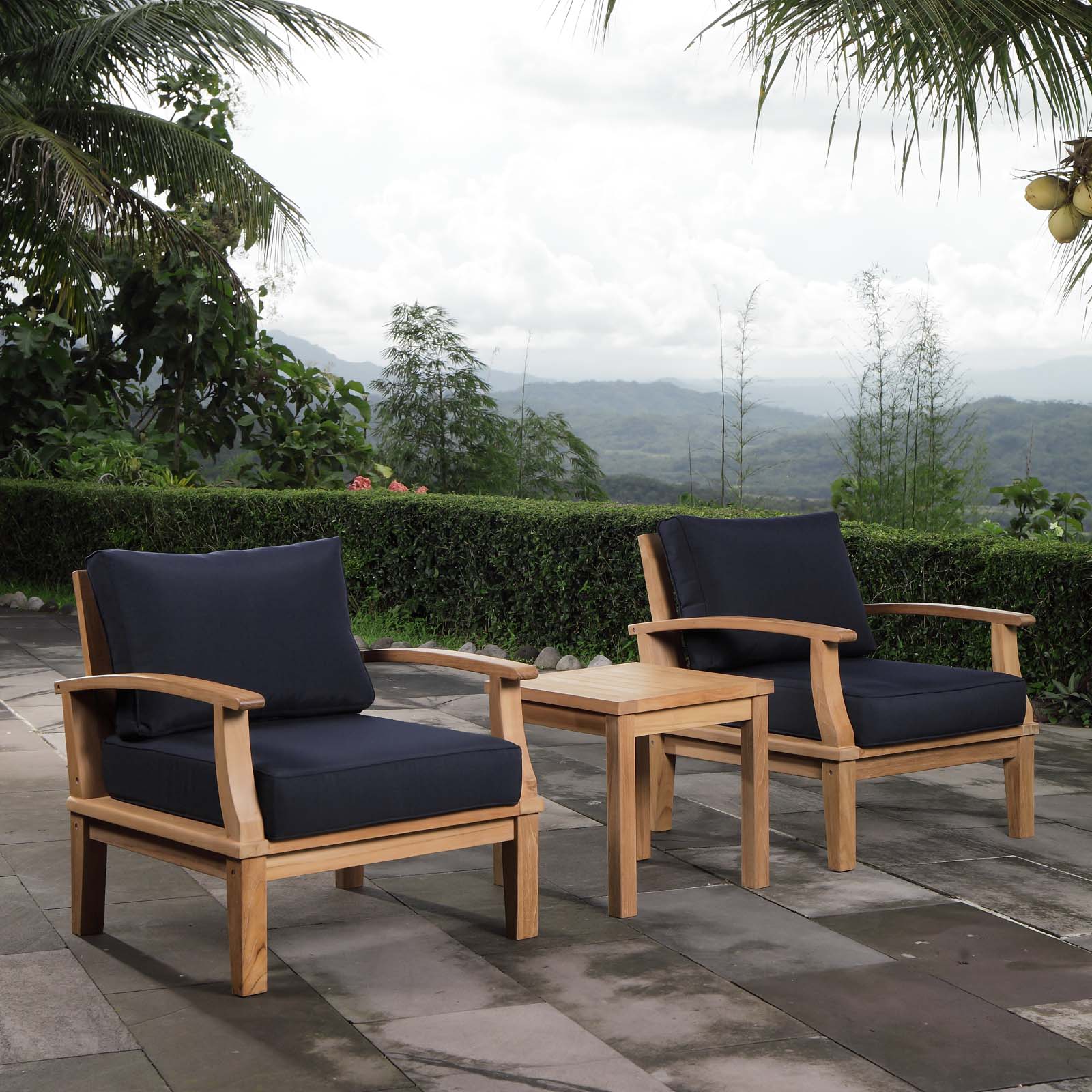 Modway Outdoor Conversation Sets - Marina 3 Piece Outdoor 84.5"W Patio Teak Set Natural Navy