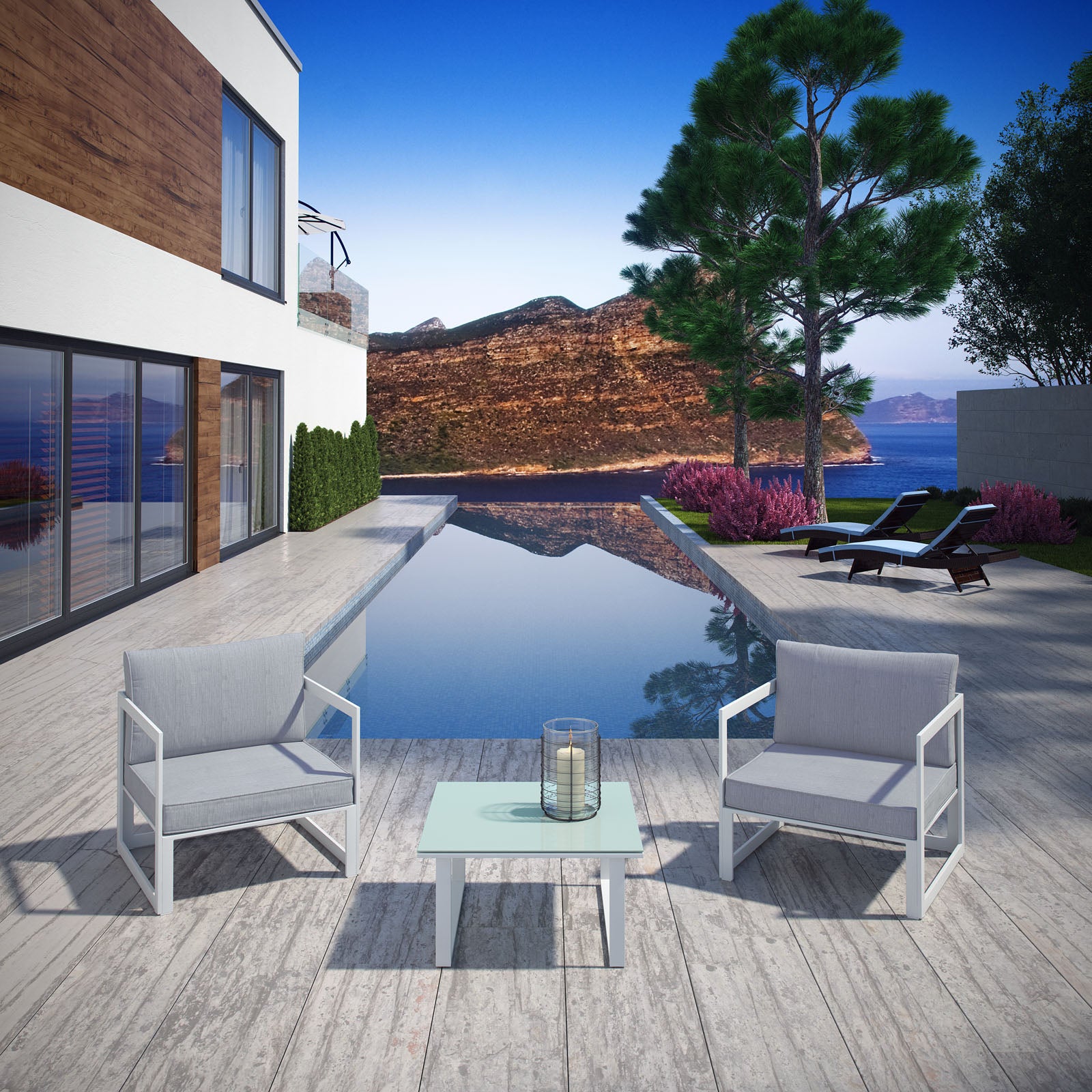 Modway Outdoor Conversation Sets - Fortuna 3 Piece Outdoor Patio Sectional Sofa Set White Gray