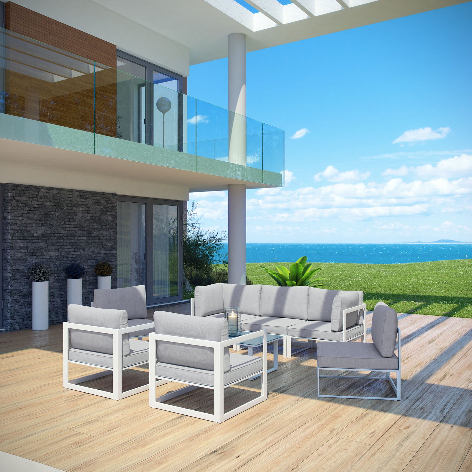 Modway Outdoor Conversation Sets - Fortuna 8 Piece Outdoor 91"W Patio Sectional Sofa Set White Gray