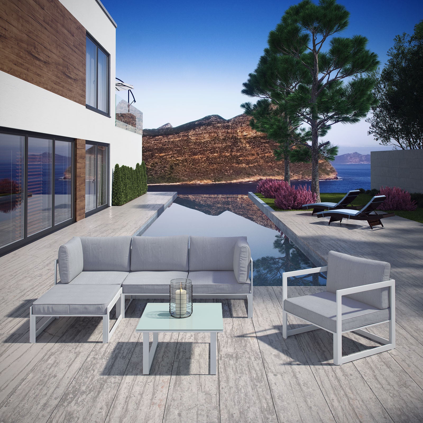 Modway Outdoor Conversation Sets - Fortuna 6 Piece Outdoor 120"W Patio Sectional Sofa Set White Gray