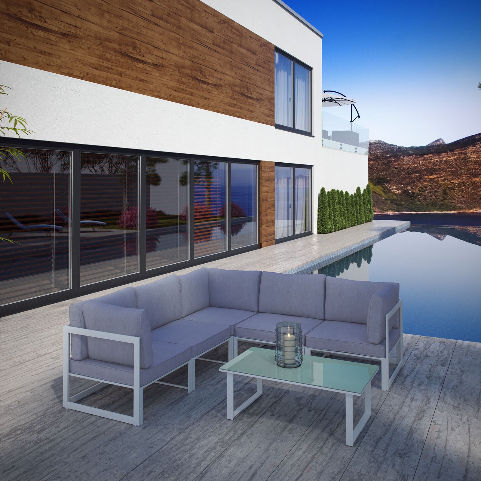 Modway Outdoor Conversation Sets - Fortuna 6 Piece Outdoor 90"W Patio Sectional Sofa Set White Gray