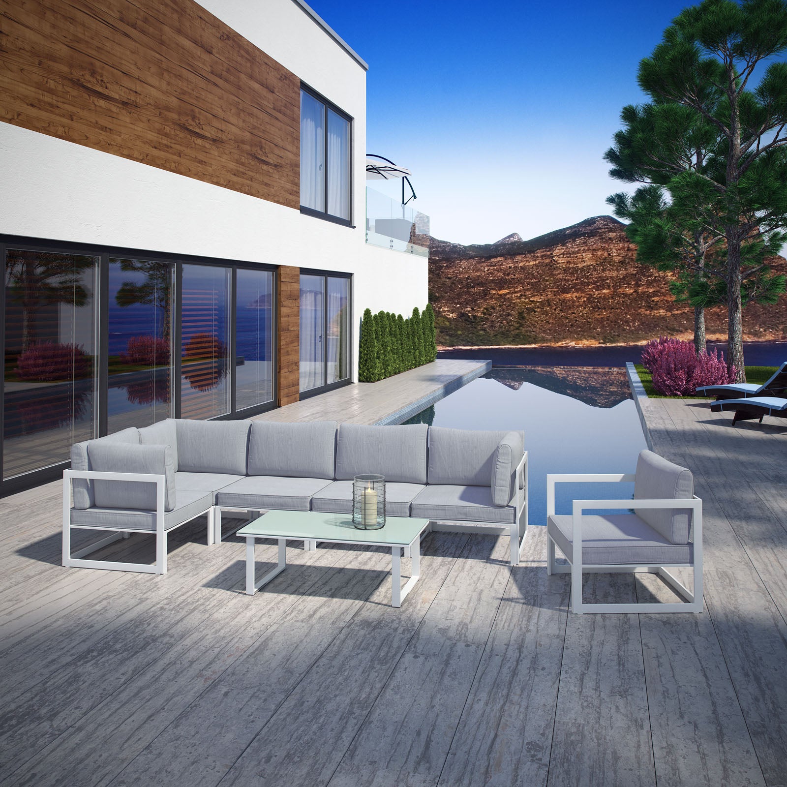 Modway Outdoor Conversation Sets - Fortuna 7 Piece Outdoor 150"W Patio Sectional Sofa Set White Gray