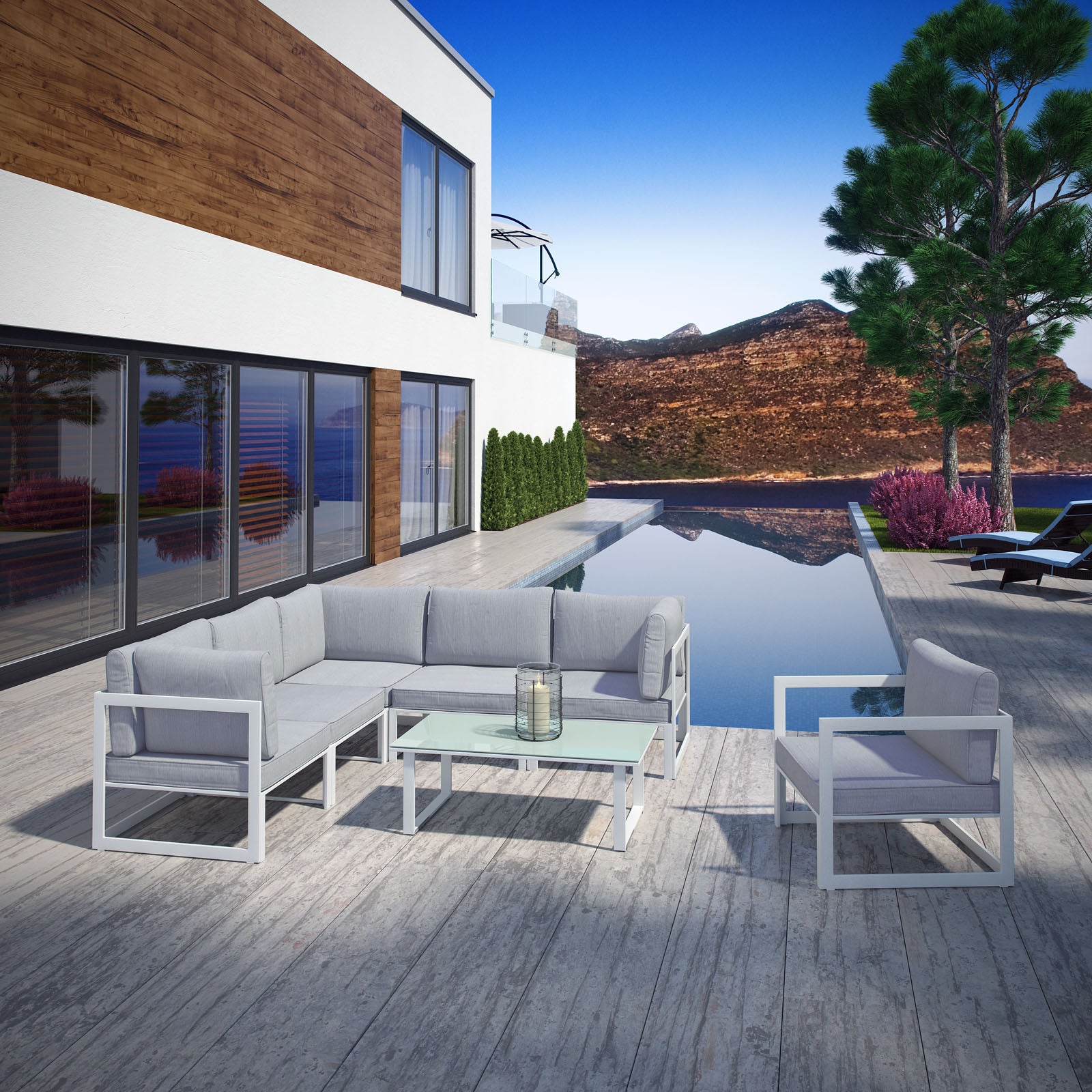 Modway Outdoor Conversation Sets - Fortuna 7 Piece Outdoor 150"W Patio Sectional Sofa Set White Gray