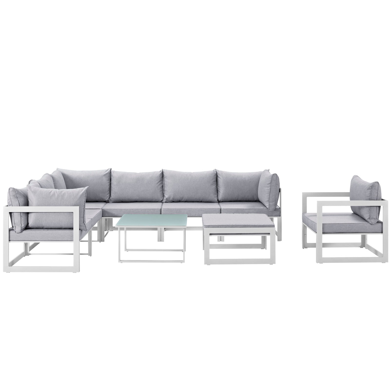 Modway Outdoor Conversation Sets - Fortuna 9 Piece Outdoor 150"W Patio Sectional Sofa Set White Gray