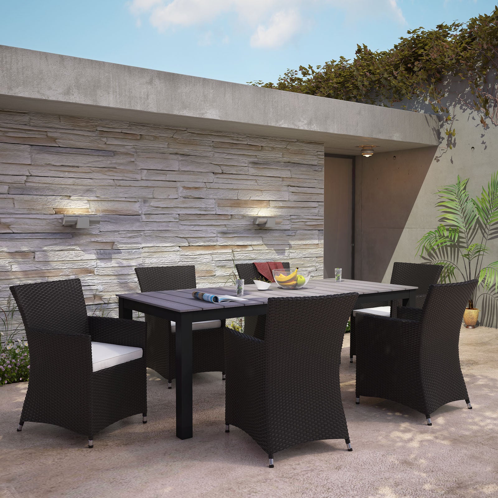 Modway Outdoor Dining Sets - Junction 7 Piece Outdoor 126.5"W Patio Dining Set Brown White