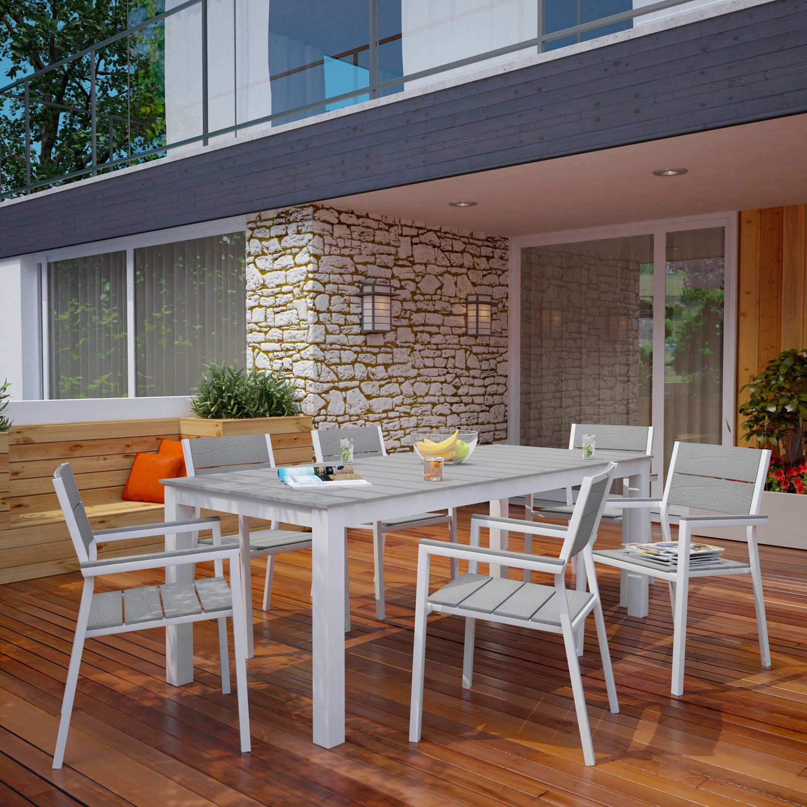 Modway Outdoor Dining Sets - Maine 7 Piece Outdoor Patio Dining Set White Light Gray