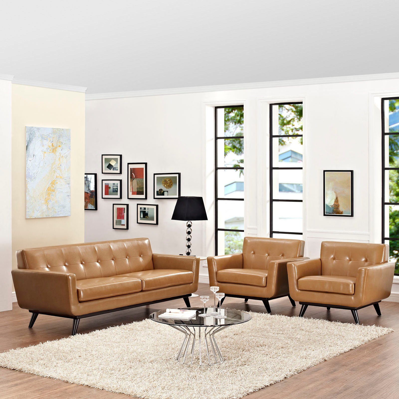 Modway Living Room Sets - Engage 3 Piece Leather Living Room Set Tan