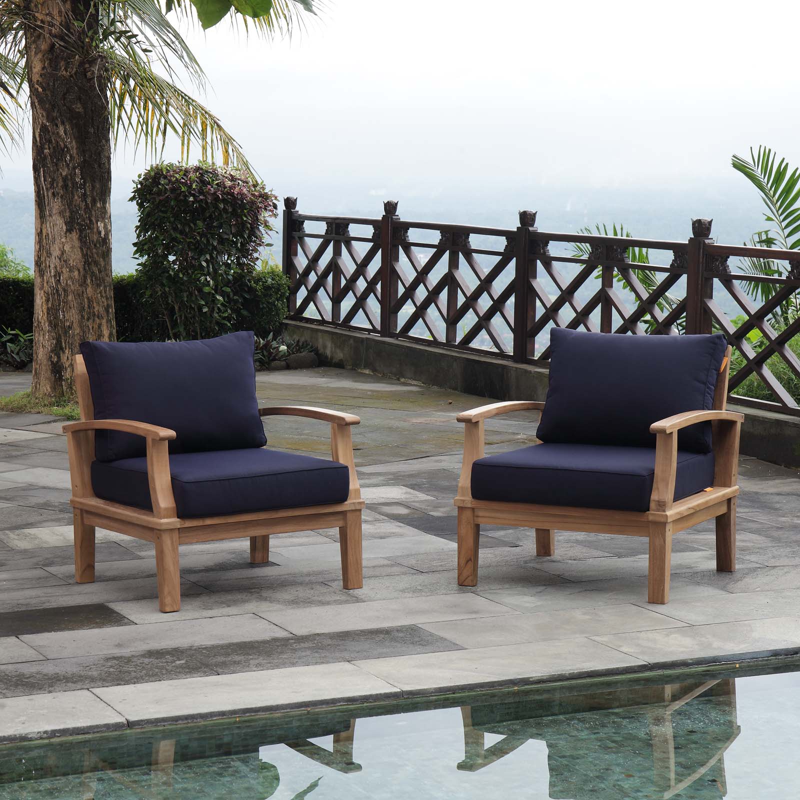 Modway Outdoor Chairs - Marina 2 Piece Outdoor 45"W Patio Teak Set Natural Navy