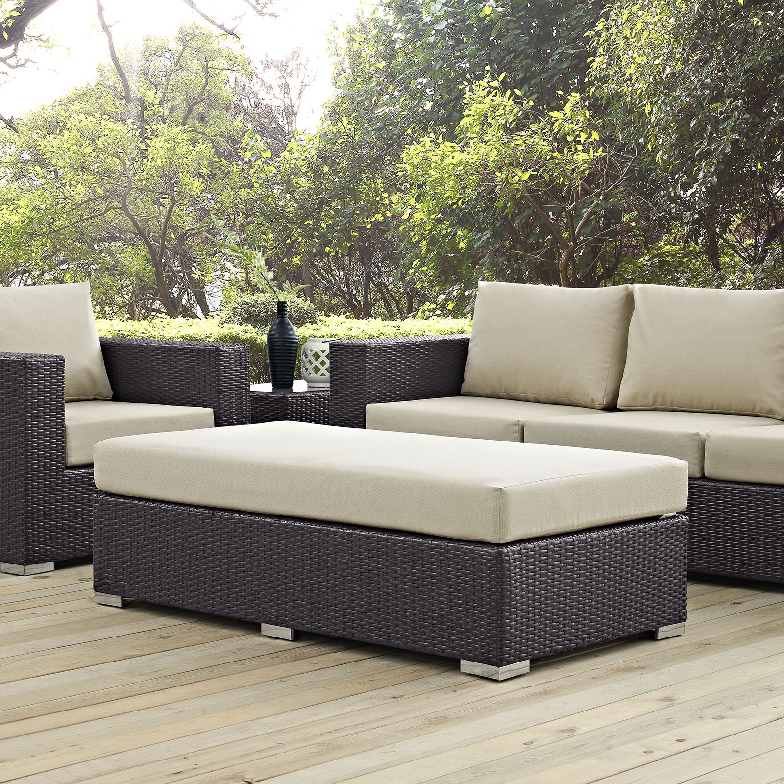 Modway Outdoor Ottomans - Convene Outdoor Patio Fabric Rectangle Ottoman Espresso Beige