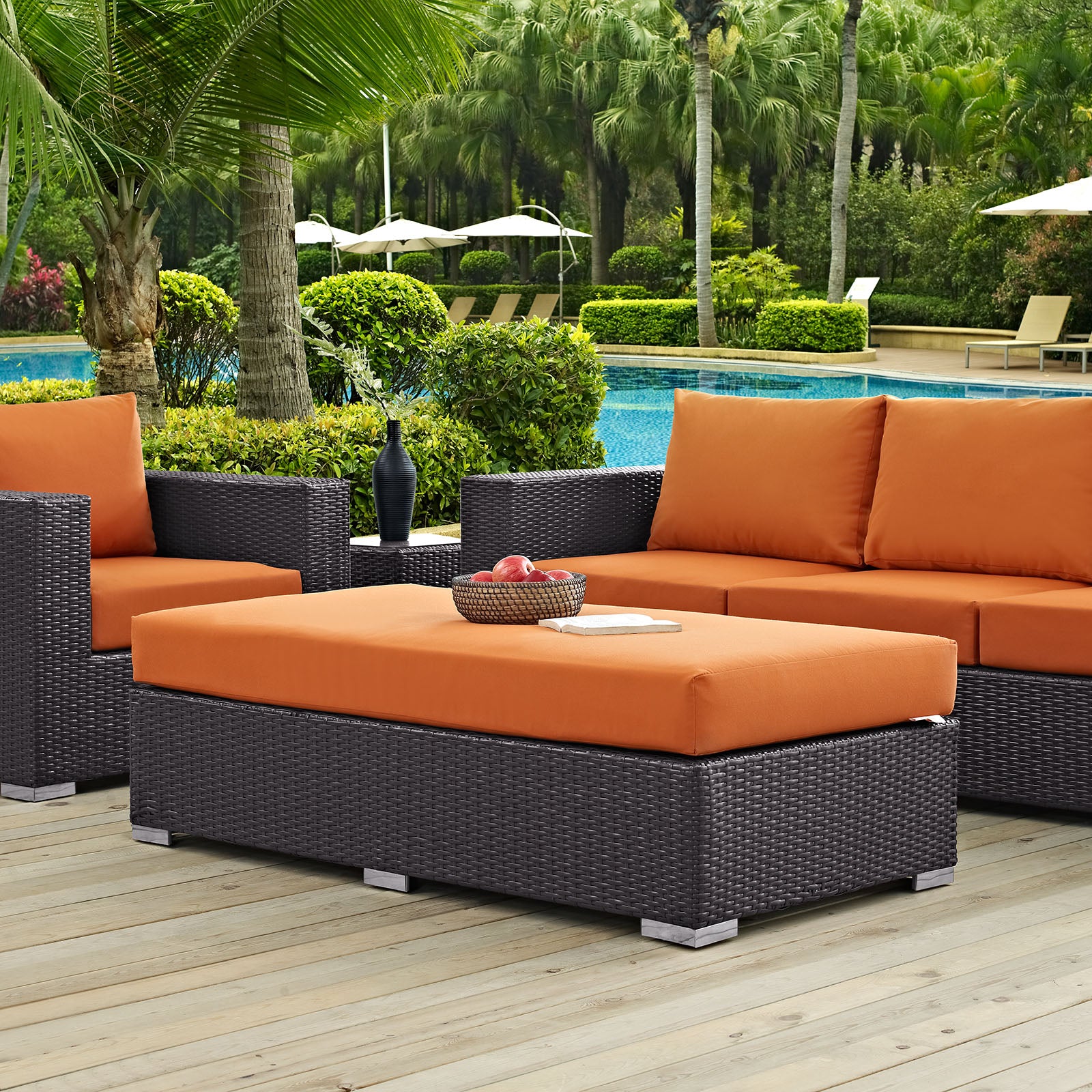 Modway Outdoor Ottomans - Convene Outdoor Patio Fabric Rectangle Ottoman Espresso Orange
