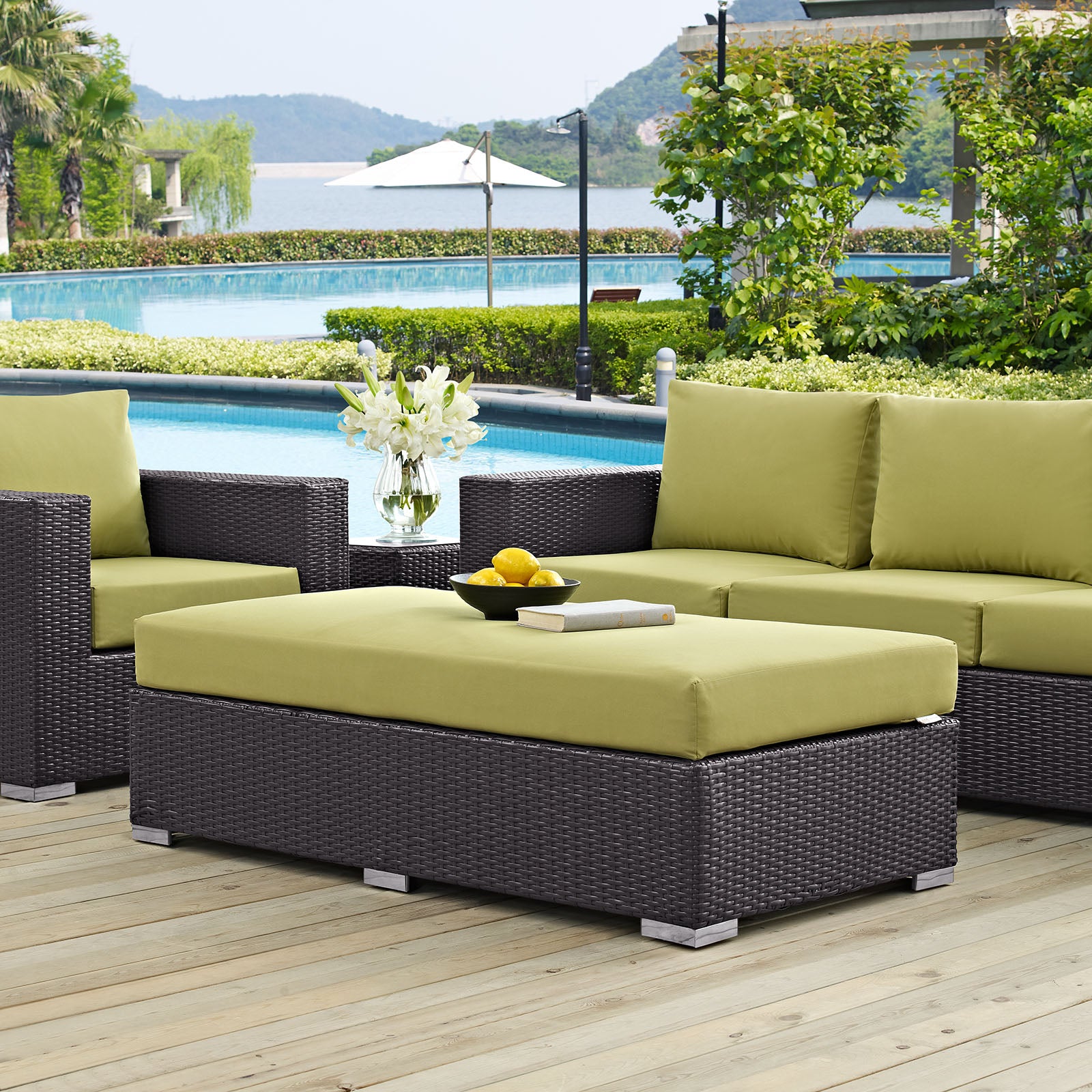 Modway Outdoor Ottomans - Convene Outdoor Patio Fabric Rectangle Ottoman Espresso Peridot