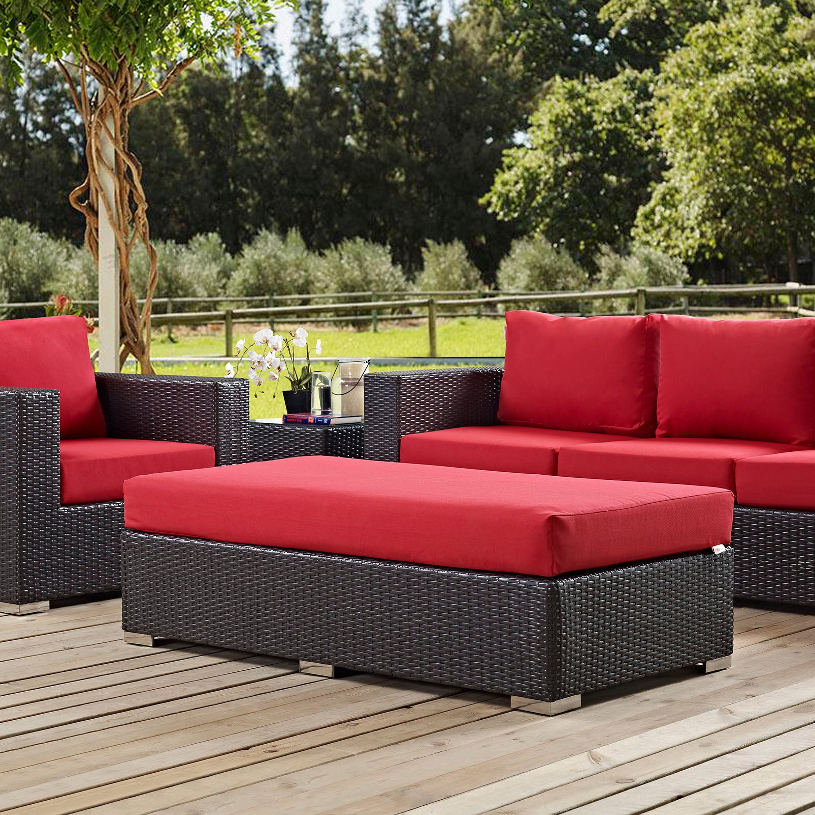 Modway Outdoor Stools & Benches - Convene Outdoor Patio Fabric Rectangle Ottoman Espresso Red