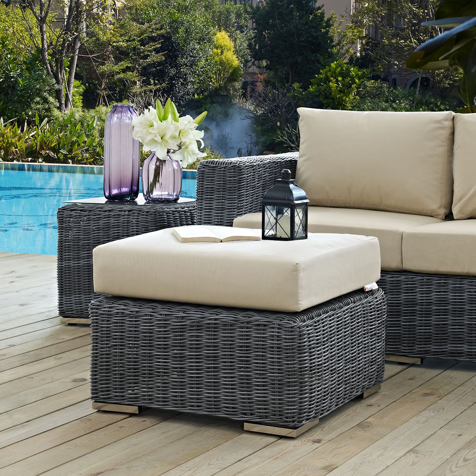 Modway Outdoor Stools & Benches - Summon Outdoor Patio Sunbrella Ottoman Canvas Antique Beige