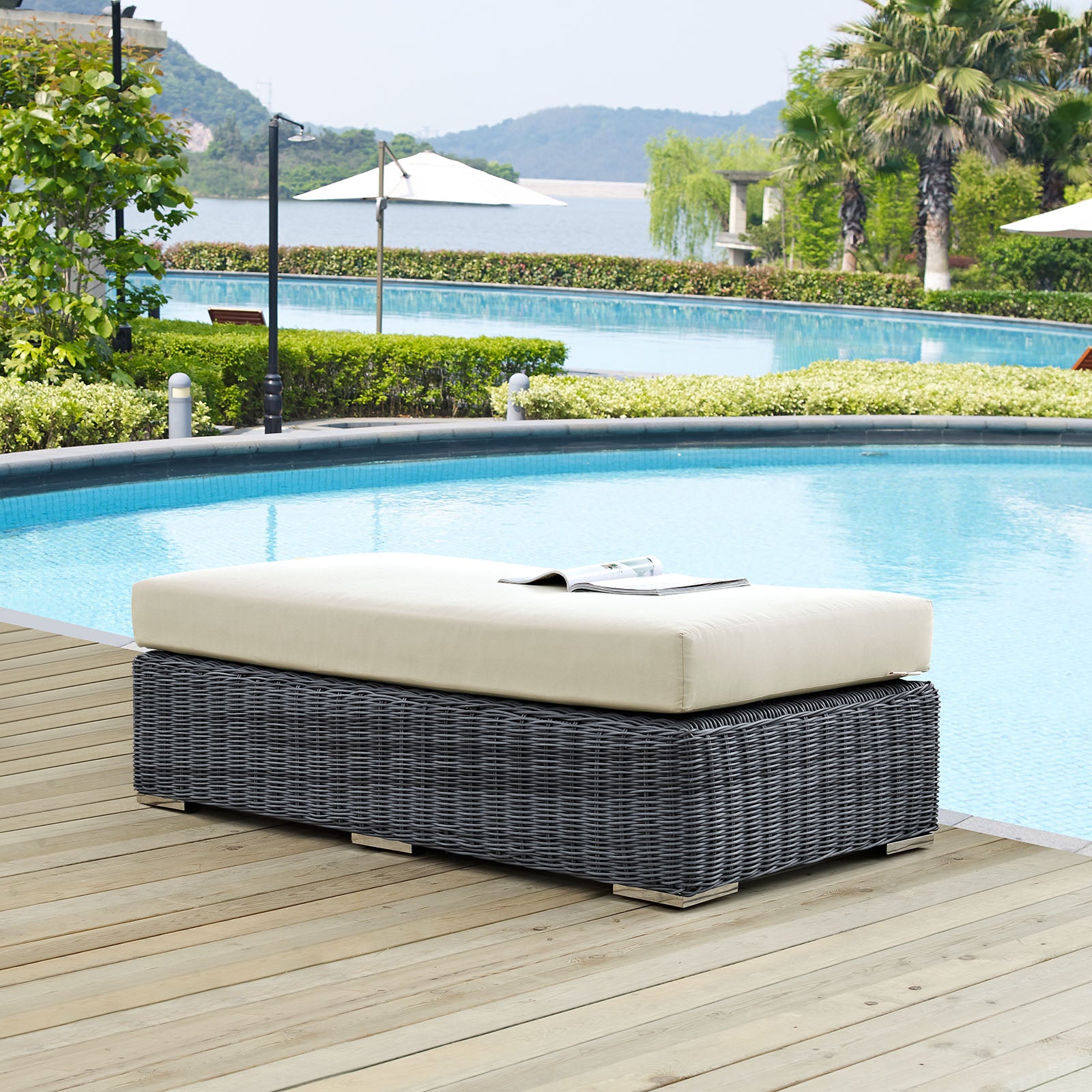 Modway Outdoor Stools & Benches - Summon Outdoor Patio Rectangle Ottoman Canvas Antique Beige