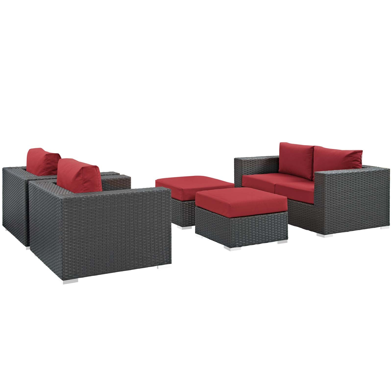 Modway Outdoor Conversation Sets - Sojourn 5 Piece Outdoor Patio Sectional Set Canvas Red