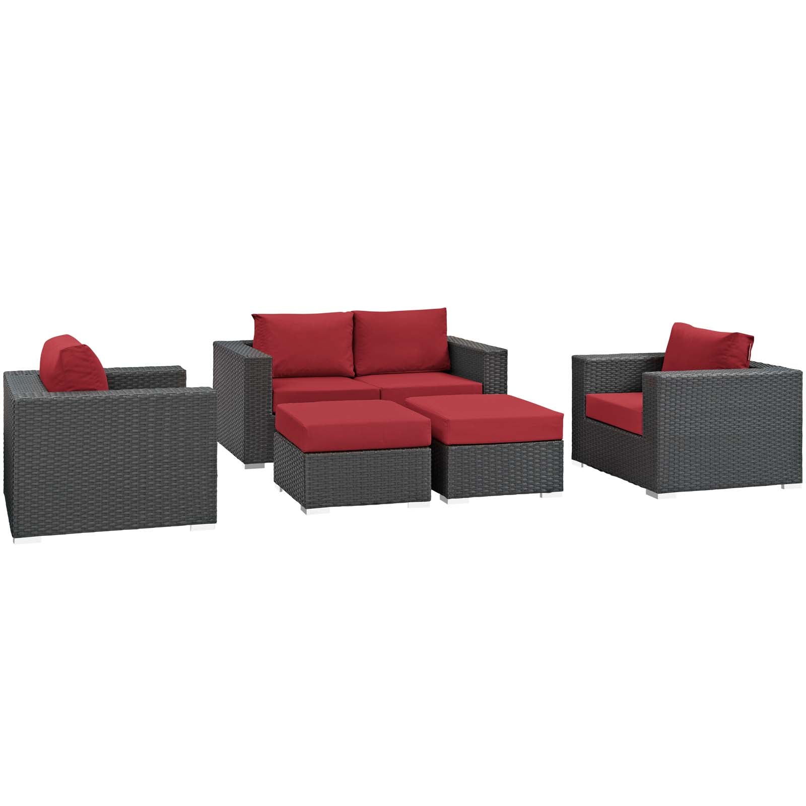 Modway Outdoor Conversation Sets - Sojourn 5 Piece Outdoor Patio Sectional Set Canvas Red