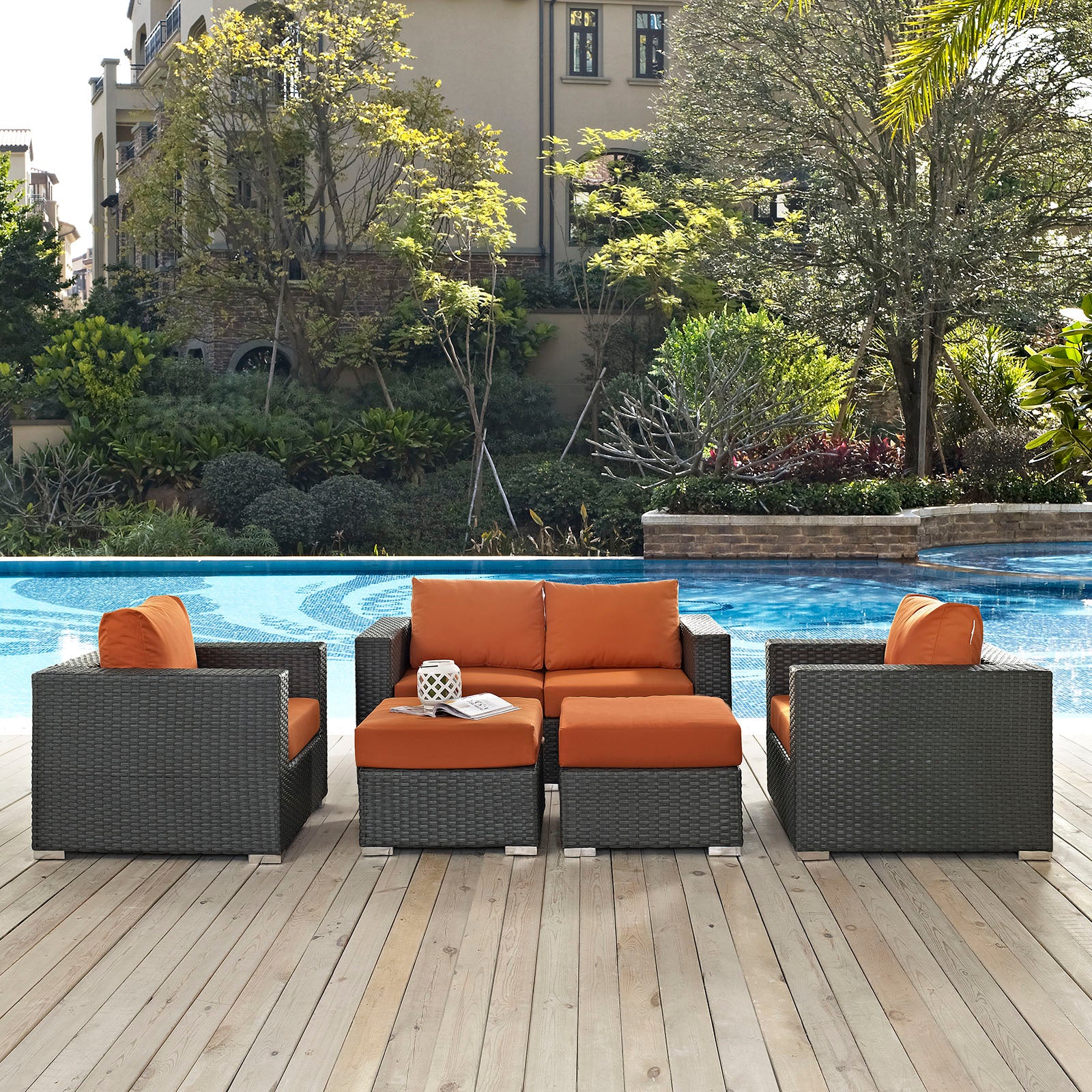 Modway Outdoor Conversation Sets - Sojourn 5 Piece Outdoor Patio Sunbrella Sectional Set Canvas Tuscan 130"W