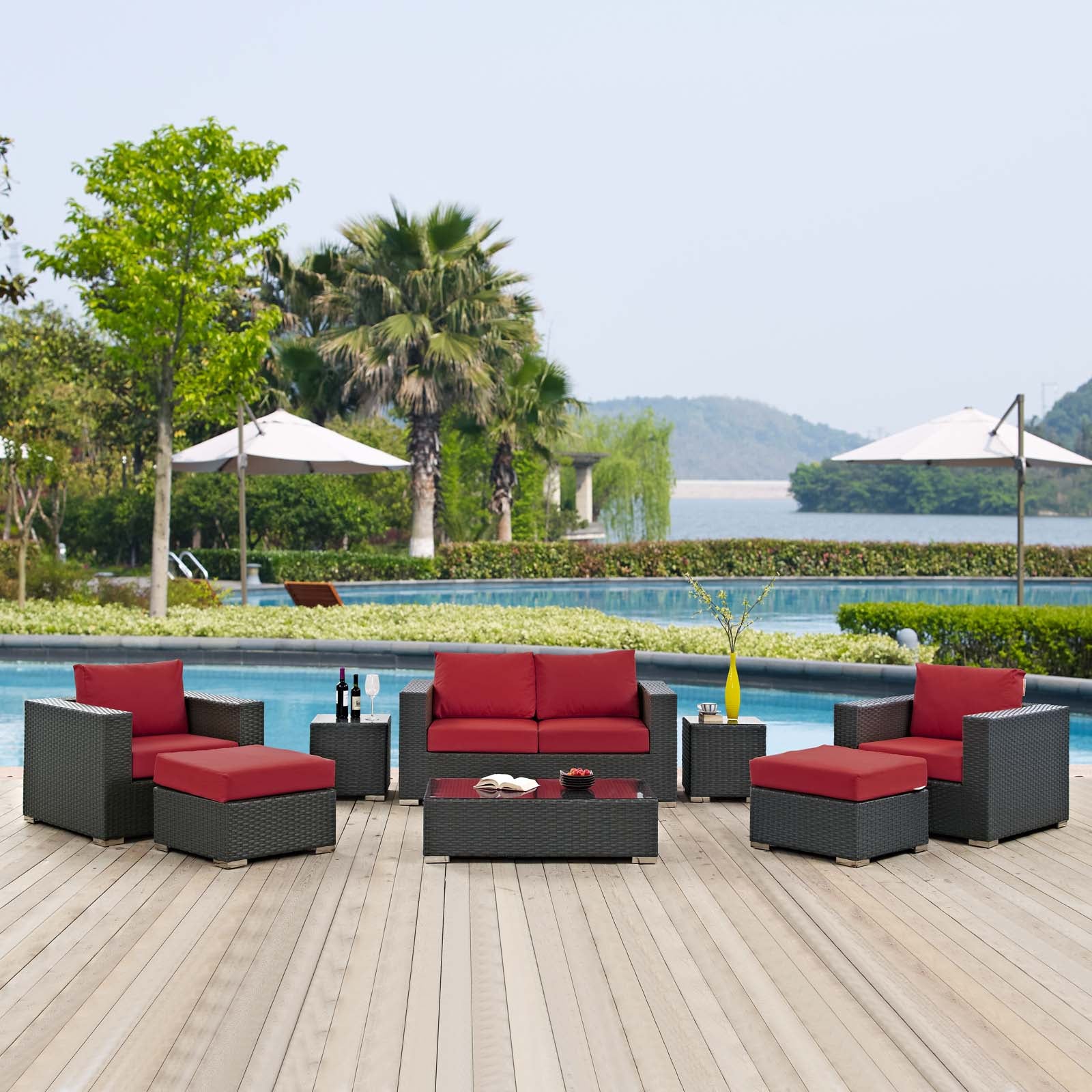 Modway Outdoor Conversation Sets - Sojourn 8 Piece Outdoor Patio Sunbrella Sectional Set Canvas Red