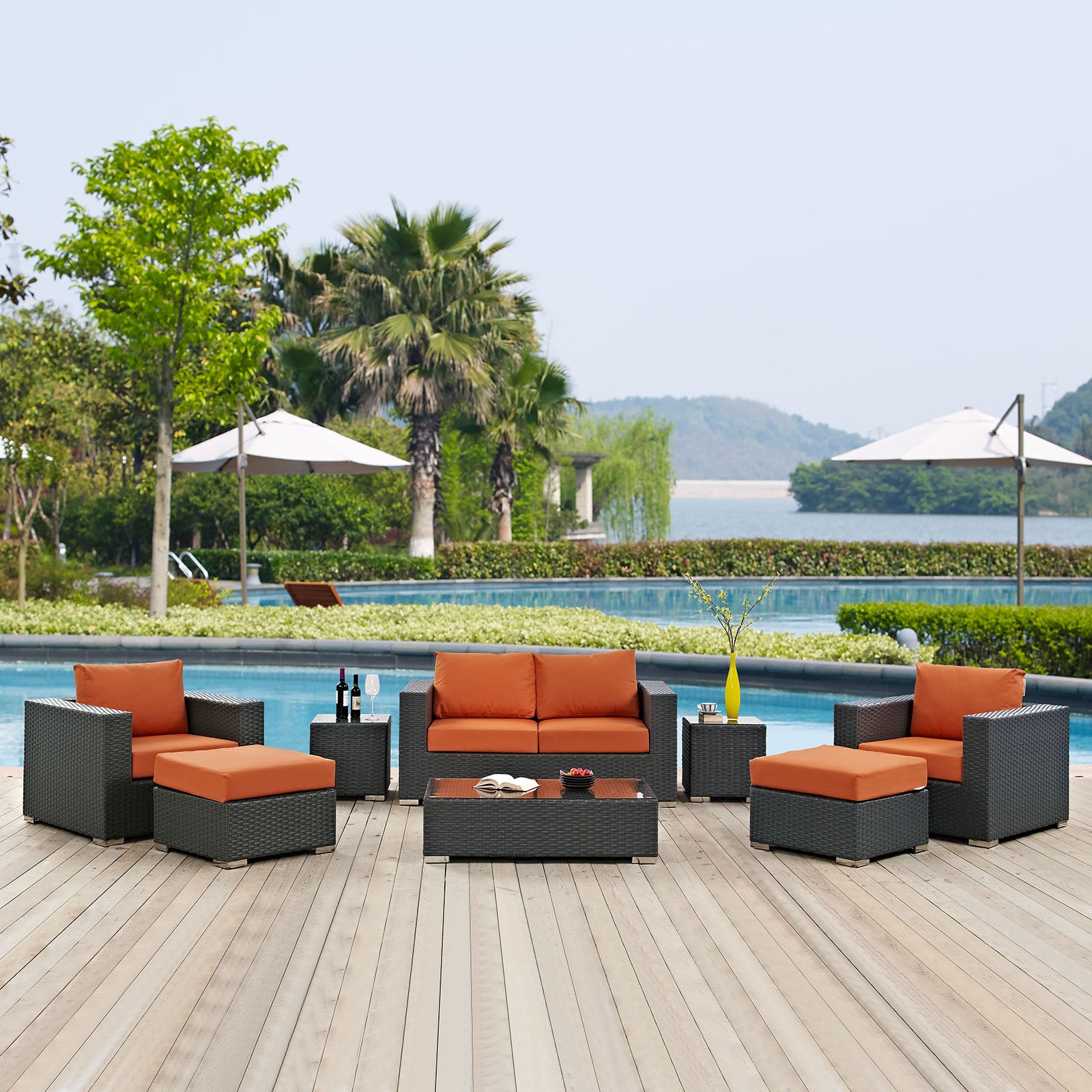 Modway Outdoor Conversation Sets - Sojourn 8 Piece Outdoor Patio Sunbrella Sectional Set Canvas Tuscan EEI-1880-CHC-TUS-SET