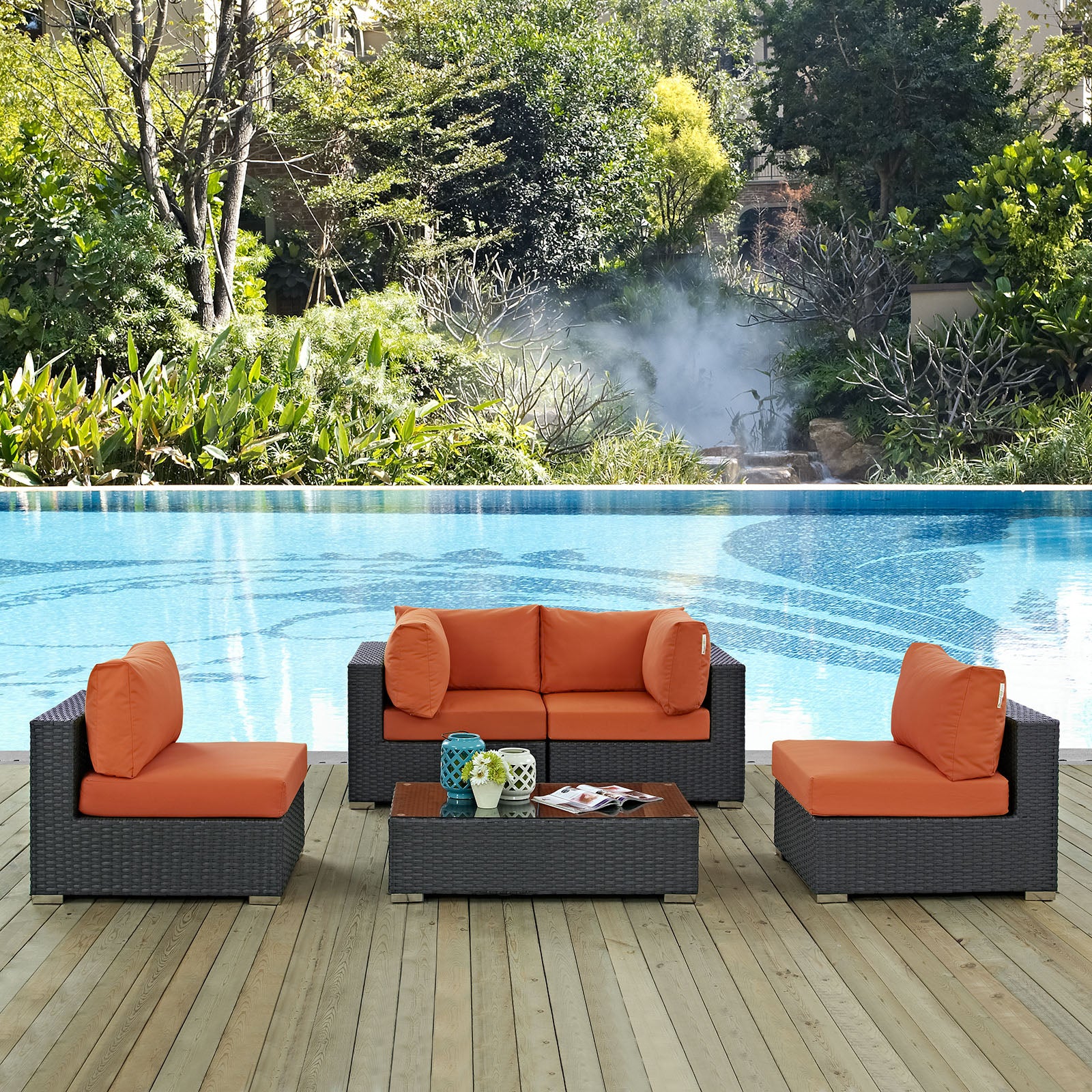 Modway Outdoor Conversation Sets - Sojourn 5 Piece Outdoor Patio Sunbrell Sectional Set Canvas Tuscan